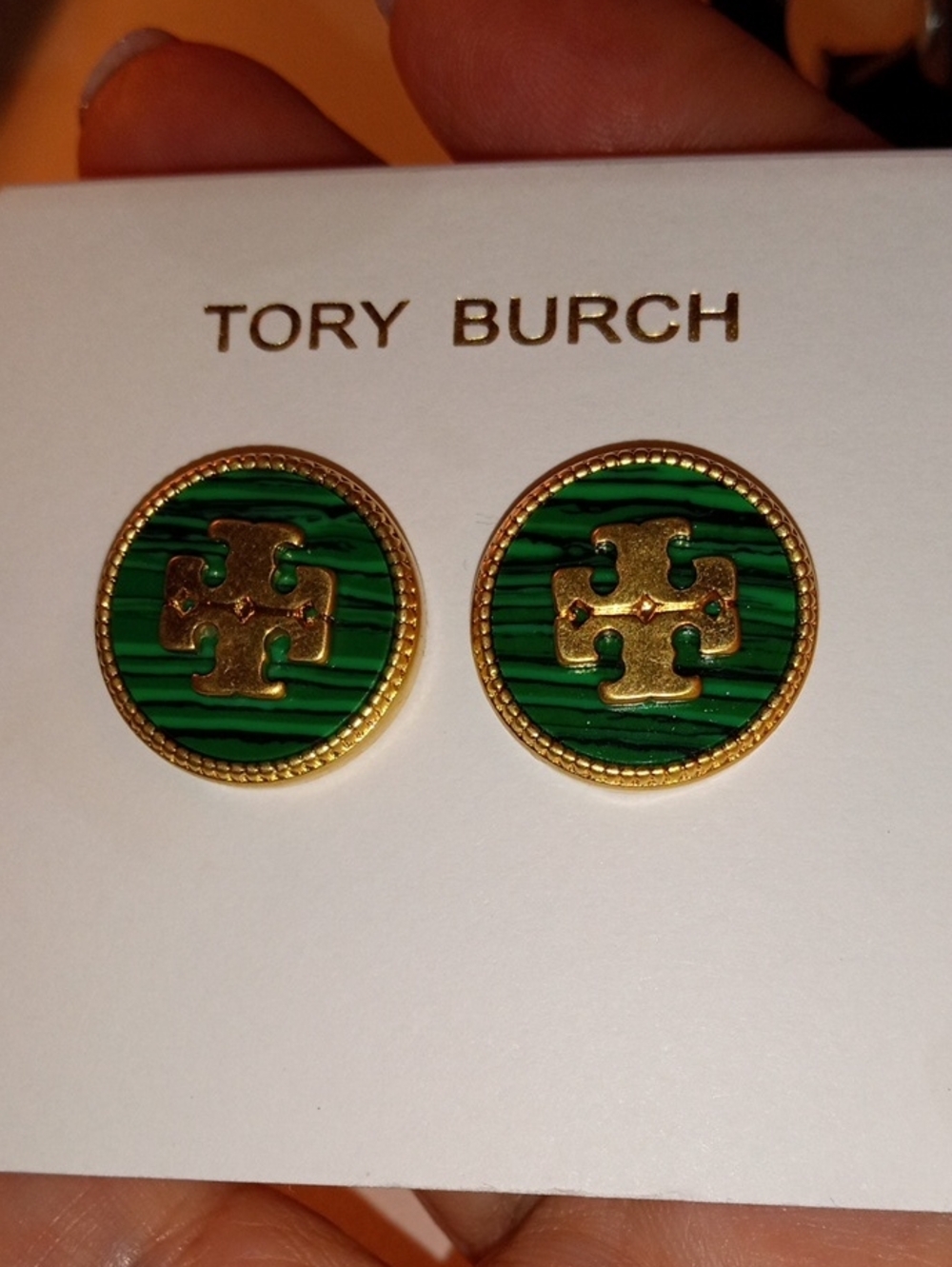 Tory Burch Green Enamel and Gold Logo Round Stud Earrings - Picture 4 of 5